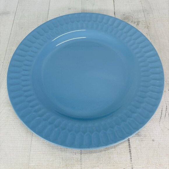 Coventry SKINNY HEX Blue Embossed Rim Design Stoneware 11" Dinner Plates Set 4 - Picture 6 of 16